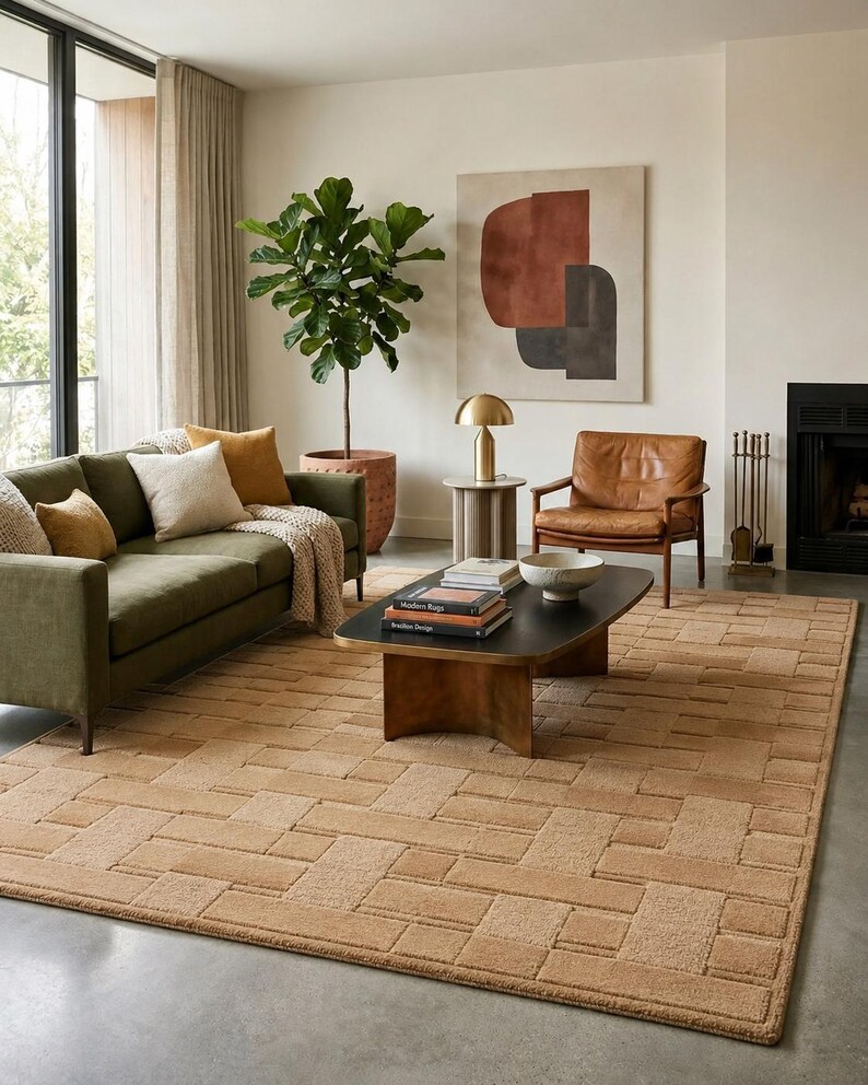 Tapis beige - Tapis tissé en vannerie - Tapis géométrique en laine - Tapis neutre tufté à la main - Tapis texturé moderne - Tapis 8x10, 9x12 image 5