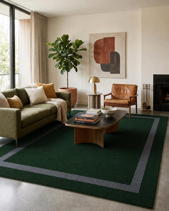 Green Border Rug | Forest Green Rug | Minimalist Wool Rug | Modern Area Rug | Hand Tufted Rug | Gray Border Carpet | 9x12 , 8x10 Wool Rug