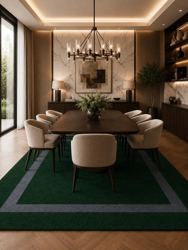 May include: A rectangular area rug featuring a deep forest green center bordered by a thick charcoal gray frame. The rug is positioned beneath a dark wood dining table surrounded by eight upholstered beige chairs with dark wooden legs.