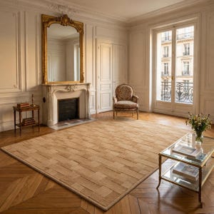 Peut inclure: Un grand tapis rectangulaire avec un motif g&eacute;om&eacute;trique textur&eacute; en blocs de couleur beige couvrant le sol. Le tapis pr&eacute;sente une disposition r&eacute;p&eacute;titive de formes rectangulaires dans des nuances vari&eacute;es de beige et de brun clair.