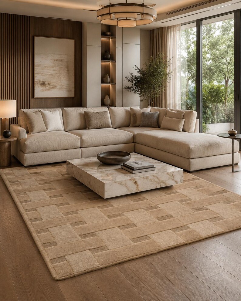 Peut inclure: Un grand tapis rectangulaire pr&eacute;sentant un motif g&eacute;om&eacute;trique de carr&eacute;s beiges et fauves entrelac&eacute;s. Le tapis est pos&eacute; sur un sol en bois devant un grand canap&eacute; d'angle beige, une table basse carr&eacute;e en marbre et un mur lambriss&eacute; en bois.