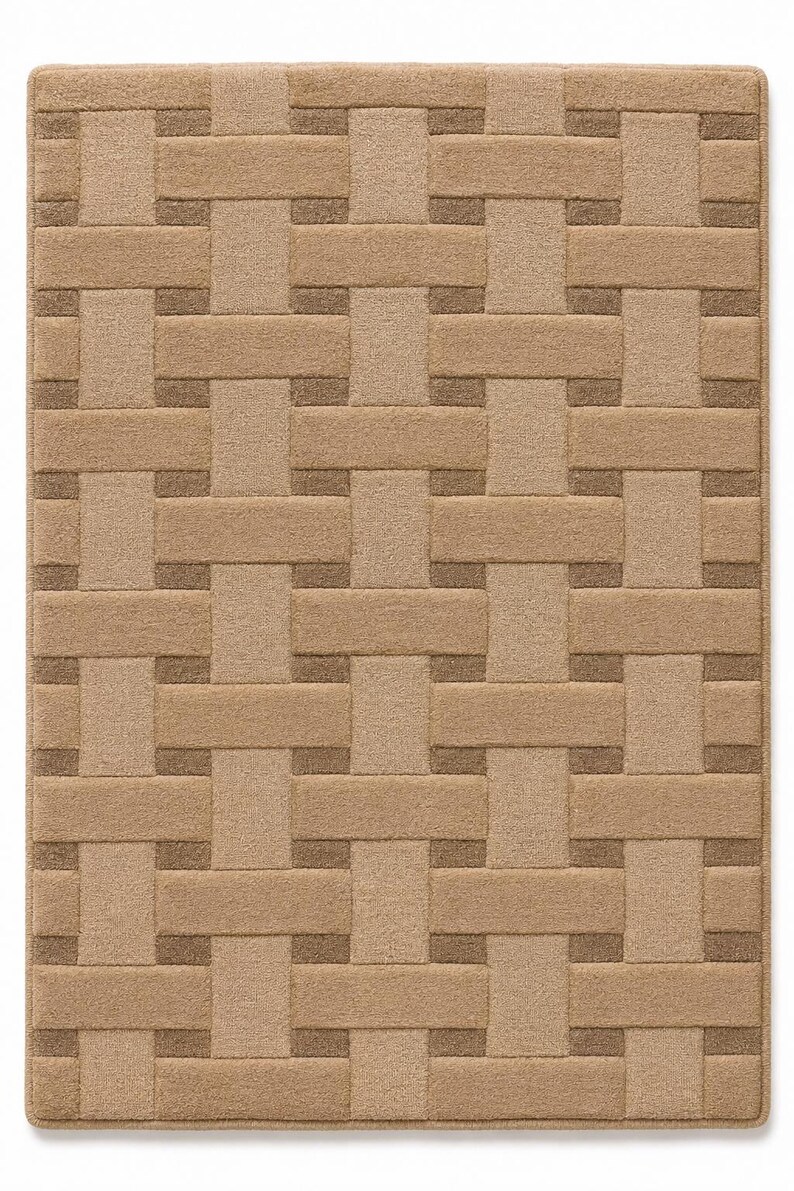 Peut inclure: Un tapis rectangulaire pr&eacute;sentant un motif tress&eacute; en deux nuances de beige et de brun clair. Le design se compose de bandes horizontales et verticales entrelac&eacute;es qui cr&eacute;ent une apparence textur&eacute;e en forme de grille sur toute la surface.