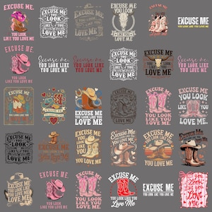 Pode incluir: Uma coleção de trinta designs gráficos digitais com botas de cowboy, chapéus e crânios, todos incorporando o texto Excuse Me You Look Like You Love Me em várias fontes, cores e layouts contra um fundo cinza sólido.