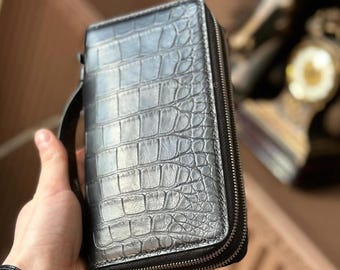 Black Matte Alligator Wallet, Exotic Leather Long Wallet, Premium Lambskin Wallet, Zip Around Wallet, Metal Hardware, Men’s Leather Wallet