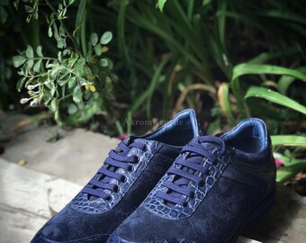 Navy Handmade Alligator Skin Sneakers | Women's & Men's Shoes | Artisan Leather Gift