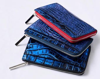 Royal Blue Alligator Wallet, Exotic Leather Zip Wallet, Matte Alligator, Premium Lambskin, Red Zipper, Silver Hardware
