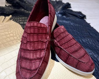 Red Handmade Alligator Skin Loafers | Men's Formal Shoes | Artisan Leather Gift