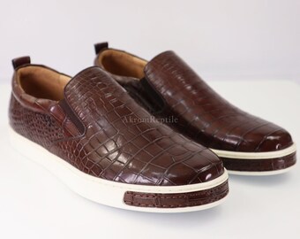 Brown Handmade Alligator Skin Loafers | Men's Formal Shoes | Artisan Leather Gift
