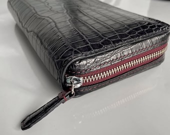 Black Matte Alligator Wallet, Long Zip Around Wallet, Exotic Leather Wallet, Premium Lambskin, Silver Hardware, Men’s Wallet