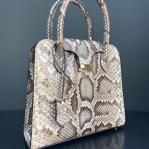 Op de afbeelding: Een gestructureerde handtas met een slangenpatroon in bruin, beige en grijstinten. De tas heeft twee afgeronde handvatten, een goudkleurige sluiting en kleine gouden voetjes. Het ontwerp is elegant en verfijnd.