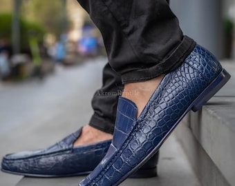Blue Handmade Alligator Skin Loafers | Men's Formal Shoes | Artisan Leather Gift