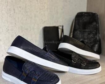 Black Handmade Python Skin Loafers | Men's Formal Shoes | Artisan Leather Gift