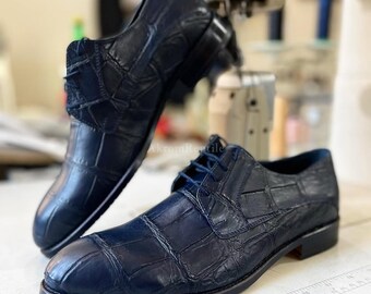 Navy Handmade Alligator Skin Loafers | Men's Formal Shoes | Artisan Leather Gift