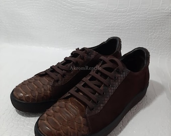 Dark Brown Handmade Python Skin Sneakers | Women's & Men's Shoes | Artisan Leather Gift