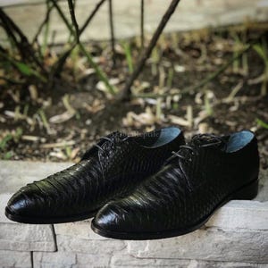 May include: A pair of black leather dress shoes with a textured pattern. The shoes have laces and a pointed toe. The image is taken from a low angle, showcasing the shoes on a stone surface.