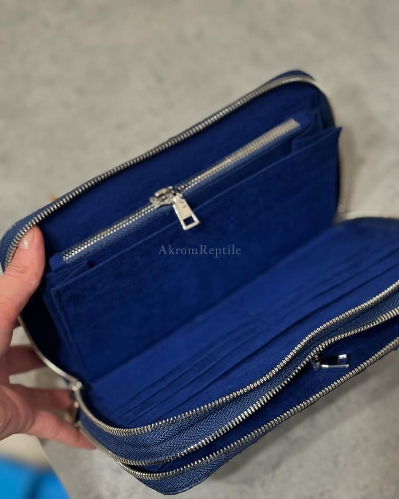 Navy Blue Python Wallet, Matte Python Leather Clutch, Exotic Snakeskin Wallet, Premium Suede Interior, Zip Around Wallet image 3