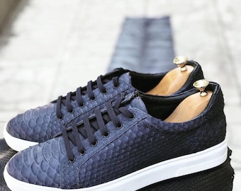 Navy Handmade Python Skin Sneakers | Women's & Men's Shoes | Artisan Leather Gift