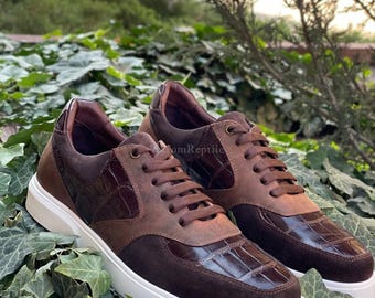 Dark Brown Handmade Alligator Skin Sneakers | Women's & Men's Shoes | Artisan Leather Gift