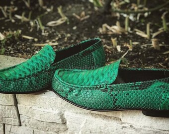 Green Handmade Python Skin Loafers | Men's Formal Shoes | Artisan Leather Gift