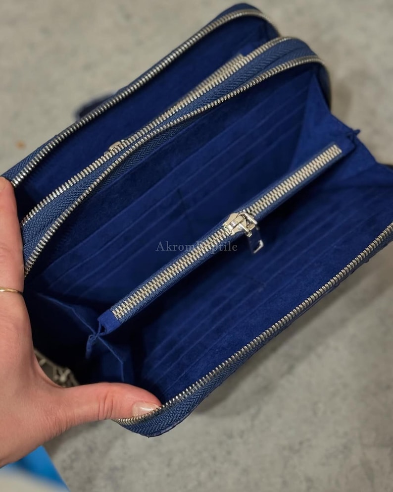 Navy Blue Python Wallet, Matte Python Leather Clutch, Exotic Snakeskin Wallet, Premium Suede Interior, Zip Around Wallet image 2