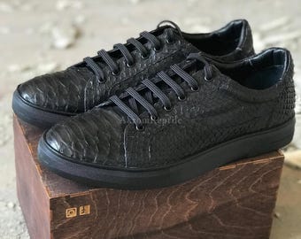 Black Handmade Python Skin Sneakers | Women's & Men's Shoes | Artisan Leather Gift