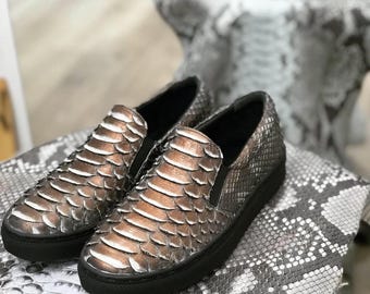 Bronze Metallic Handmade Python Skin Loafers | Men's Formal Shoes | Artisan Leather Gift