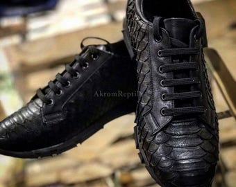 Black Handmade Python Skin Sneakers | Women's & Men's Shoes | Artisan Leather Gift