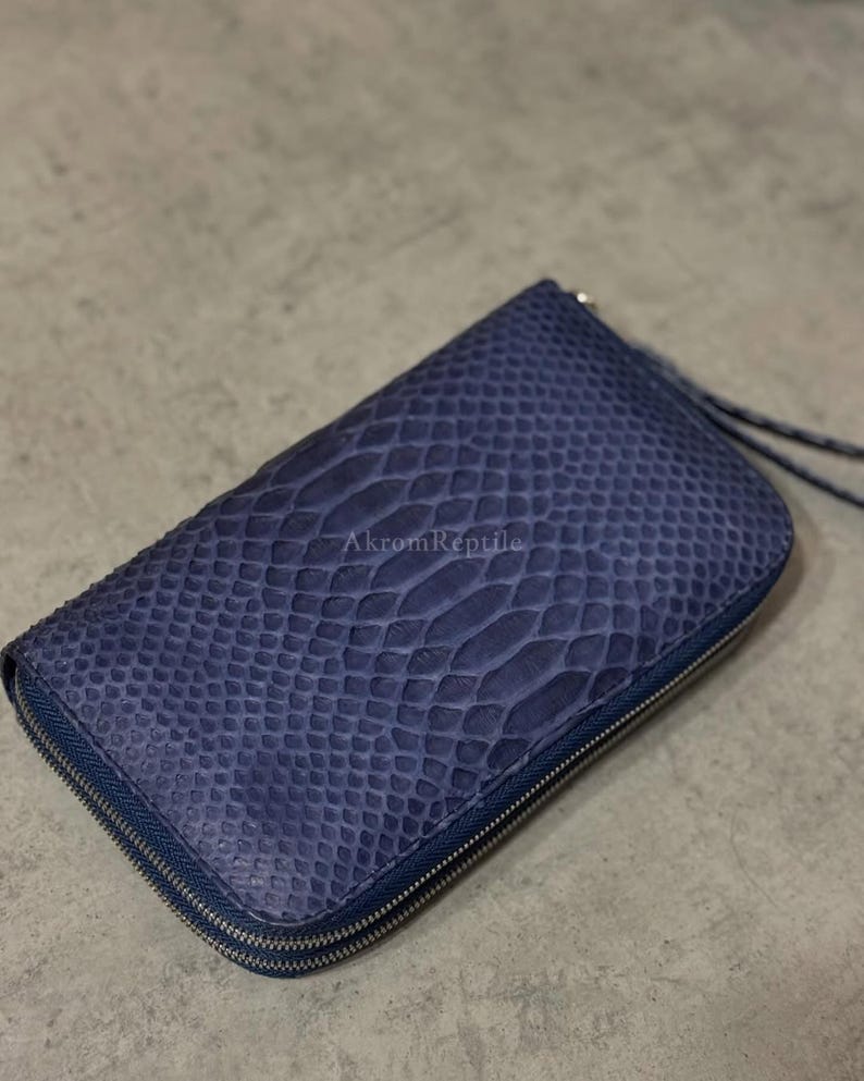 Navy Blue Python Wallet, Matte Python Leather Clutch, Exotic Snakeskin Wallet, Premium Suede Interior, Zip Around Wallet image 4