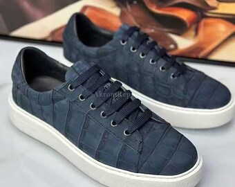 Navy Handmade Alligator Skin Sneakers | Women's & Men's Shoes | Artisan Leather Gift