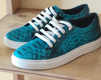 Turquoise Handmade Python Skin Sneakers | Women's & Men's Shoes | Artisan Leather Gift