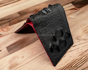 Black Glossy Alligator Wallet, Handmade Exotic Leather Bifold, Premium Lambskin Interior, Red Lining, Men’s Leather Wallet