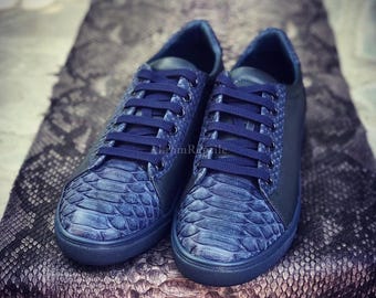 Navy Handmade Python Skin Sneakers | Women's & Men's Shoes | Artisan Leather Gift