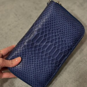 Navy Blue Python Wallet, Matte Python Leather Clutch, Exotic Snakeskin Wallet, Premium Suede Interior, Zip Around Wallet