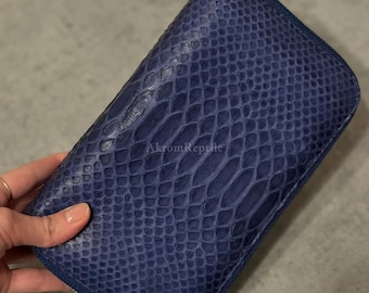 Navy Blue Python Wallet, Matte Python Leather Clutch, Exotic Snakeskin Wallet, Premium Suede Interior, Zip Around Wallet