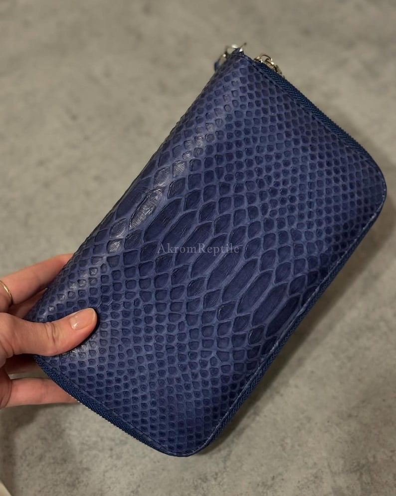 Navy Blue Python Wallet, Matte Python Leather Clutch, Exotic Snakeskin Wallet, Premium Suede Interior, Zip Around Wallet image 1