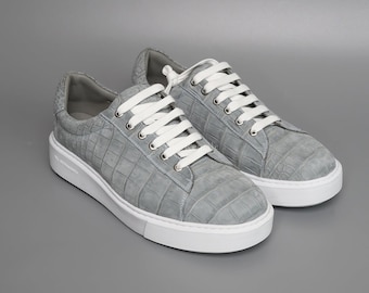 Grey Handmade Alligator Skin Sneakers | Women's & Men's Shoes | Artisan Leather Gift