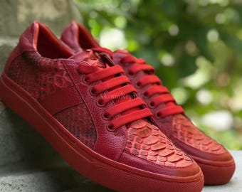Red Handmade Python Skin Sneakers | Women's & Men's Shoes | Artisan Leather Gift
