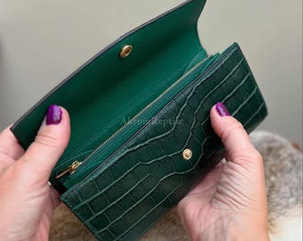 Dark Green Alligator Wallet, Exotic Leather Long Wallet, Premium Lambskin, Handmade Leather Purse, Zip Pocket, Snap Closure