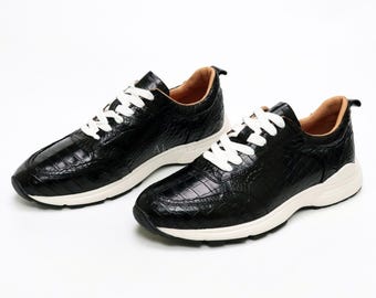 Black Handmade Alligator Skin Sneakers | Women's & Men's Shoes | Artisan Leather Gift