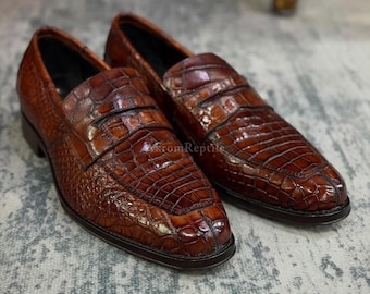 Brown Handmade Alligator Skin Loafers | Men's Formal Shoes | Artisan Leather Gift