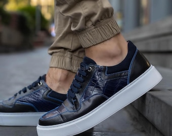 Navy Handmade Alligator Skin Sneakers | Women's & Men's Shoes | Artisan Leather Gift