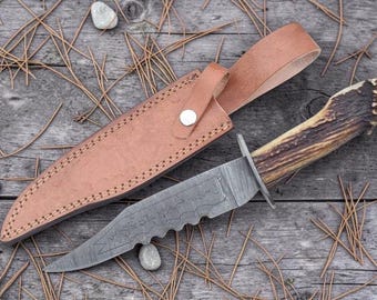 13" Handmade Damascus Steel Knife with Stag Antler Handle – Etched Rune Blade & Leather Sheath – Rustic Hunting Collectible Gift