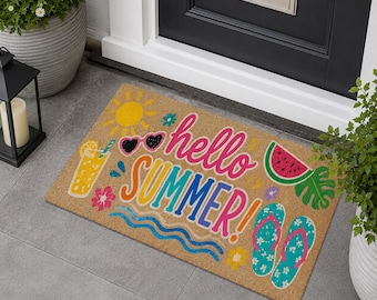 Felpudo "Hola Verano", felpudo de bienvenida personalizado para la puerta principal, alfombra de exterior de fibra de coco colorida, bonitas chanclas de sandía para decorar el porche en esta temporada, REGALO 2026