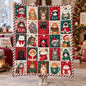 Pode incluir: Uma manta retangular com uma grade de vinte e cinco quadrados individuais, cada um exibindo um gato diferente em um cenário de Natal. Os gatos usam gorros de Papai Noel, cachecóis e suéteres, ou interagem com decorações natalinas.