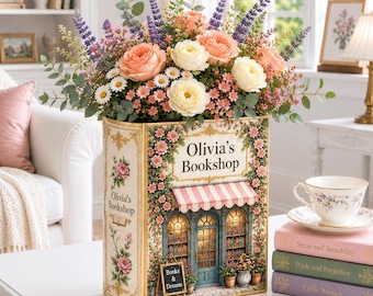 Personalized Book Vase, Bookshop Flower Vase, Floral Bookshelf Decor, Custom Name Book Lover Gift, GIFT 2026, Reading Room Centerpiece Gift