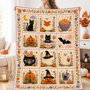 Söt spöke, svart katt, pumpa, halloween-täcke, godismajs, häxhatt, blommig lapptäcke, Cottagecore-spöklik höstinredning, GÅVA 2026