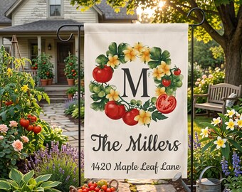 Personalized Family Garden Flag, Custom Monogram Tomato Wreath Yard Decor, Address Housewarming Sign, GIFT 2026, Farmhouse Outdoor Gift
