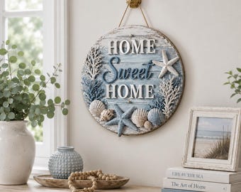 Custom Home Sweet Home Sign, Personalized Beach House Door Hanger, Round Wood Starfish Plaque, Nautical Coastal Welcome Sign, GIFT 2026