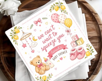 Serwetki na baby shower, dekoracje z motywem cytrynowym, pluszowy miś, serwetki osobiste, dekoracje na imprezę, cytat "Squeeze You", dekoracje dla dzieci z motywem cytrusowym, PREZENT 2026