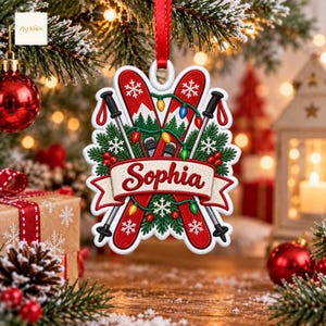 Skiing Christmas Ornament, Personalized Embroidered Crossed Skis and Poles, Custom Name Snowflakes and Lights, Skier Keepsake Gift 2026